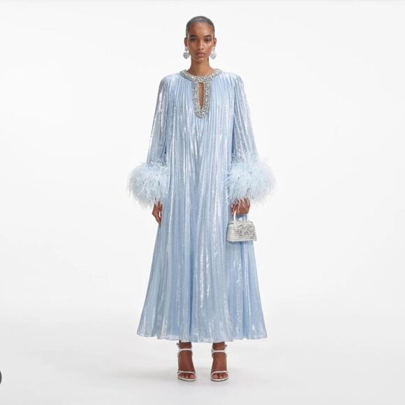 Self Portrait Blue Metallic Chiffon Feather Midi Dress US 4